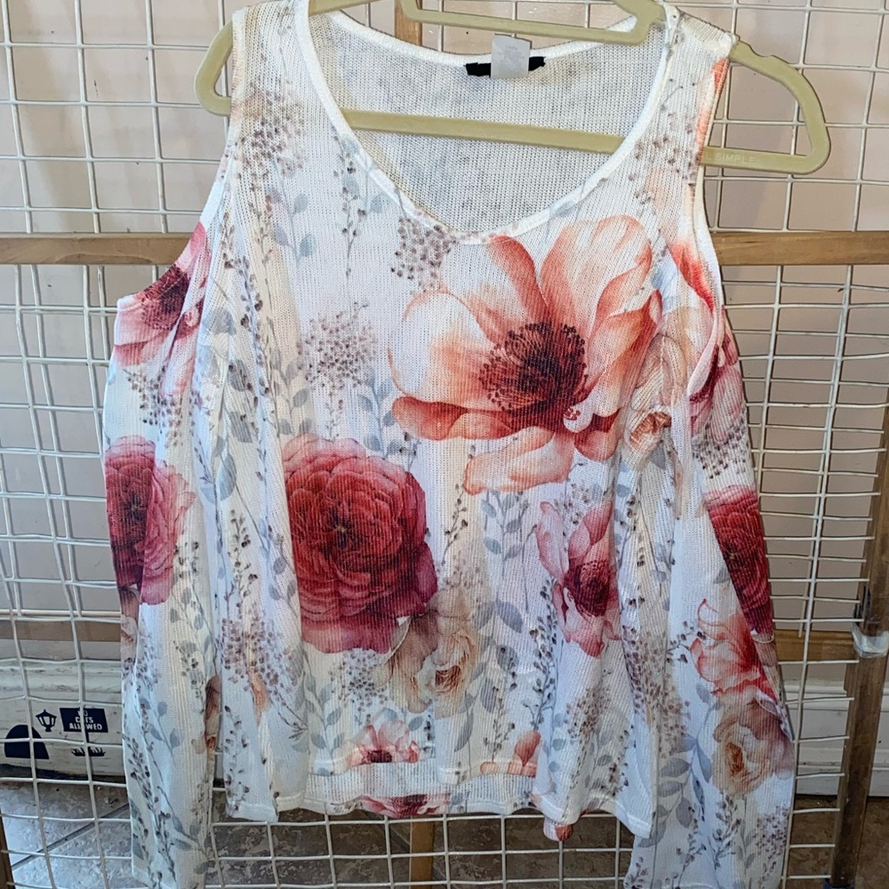 Forever 21, White/See-Through Blouse with Flowers, Womens L